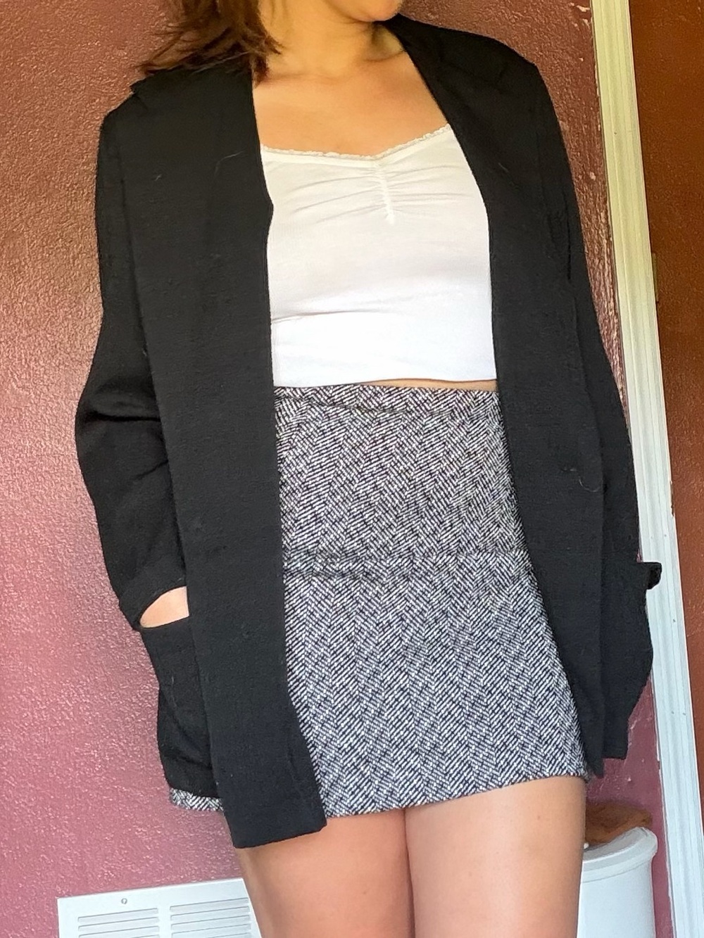 H&M Black & White Herringbone Mini Skirt